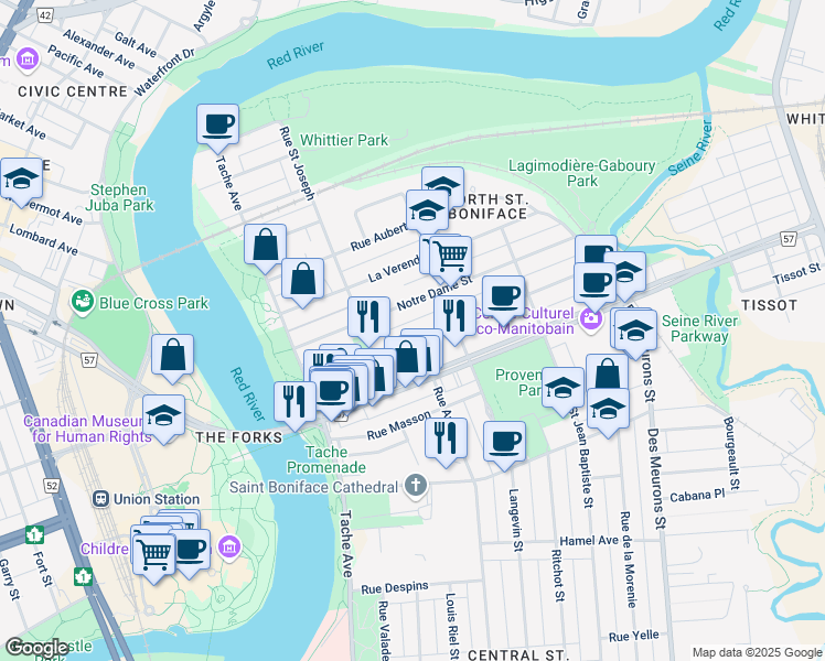 map of restaurants, bars, coffee shops, grocery stores, and more near 209 Dumoulin Street in Winnipeg