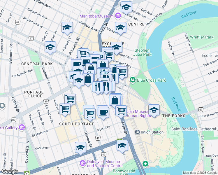 map of restaurants, bars, coffee shops, grocery stores, and more near 300 Main Street in Winnipeg