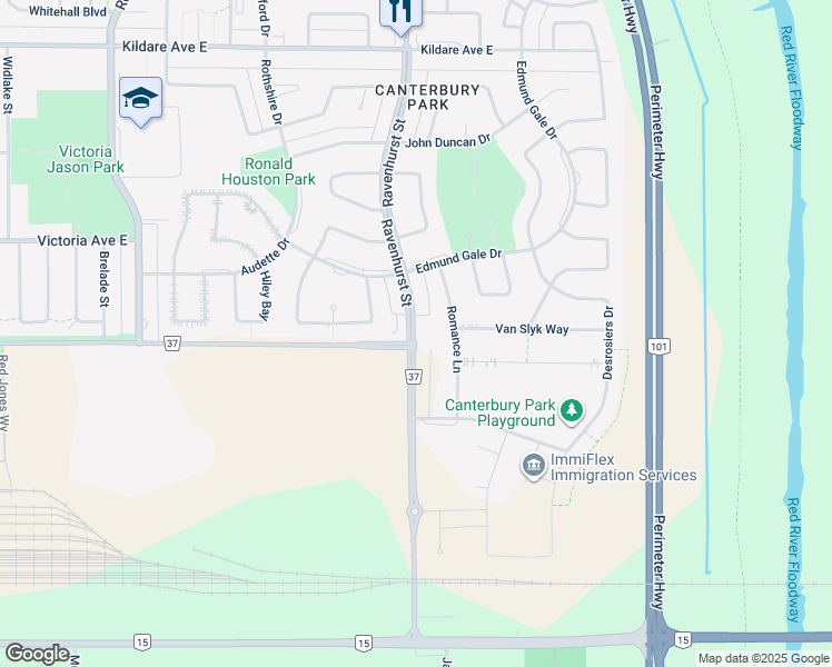 map of restaurants, bars, coffee shops, grocery stores, and more near 367 Ravenhurst Street in Winnipeg