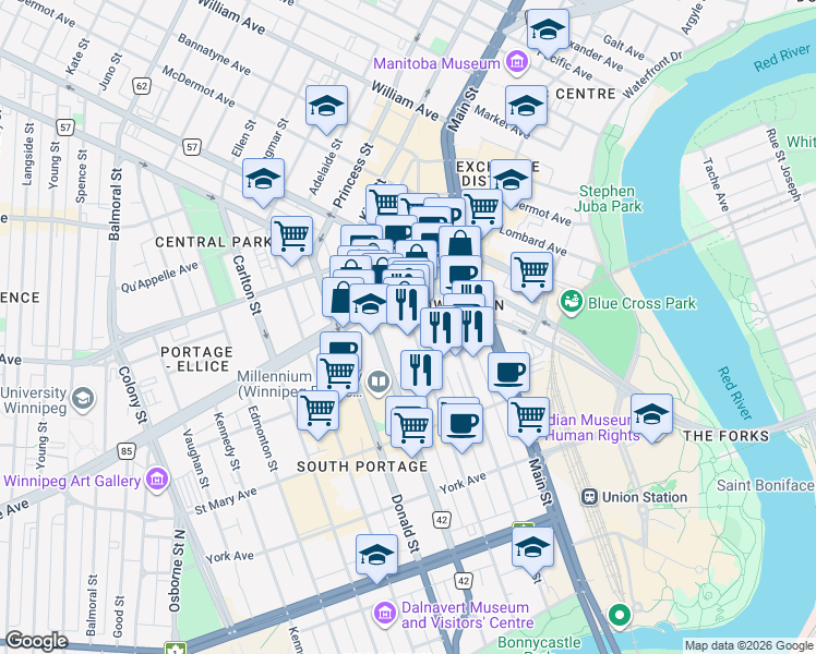 map of restaurants, bars, coffee shops, grocery stores, and more near 290 Garry Street in Winnipeg