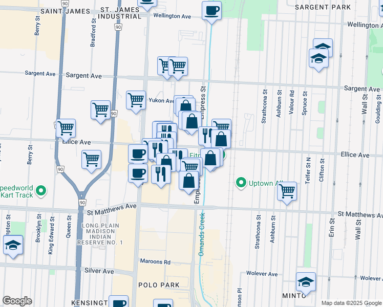 map of restaurants, bars, coffee shops, grocery stores, and more near 925 Milt Stegall Drive in Winnipeg
