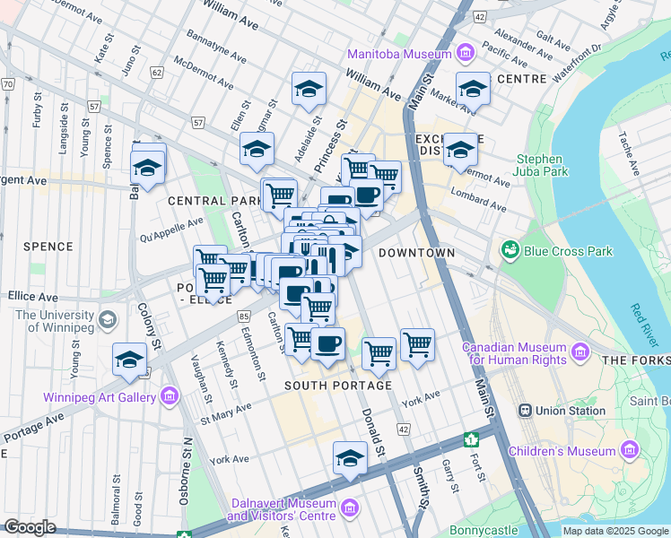 map of restaurants, bars, coffee shops, grocery stores, and more near 294 Portage Avenue in Winnipeg