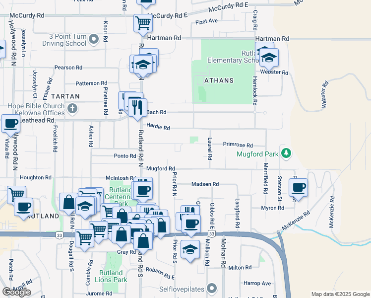 map of restaurants, bars, coffee shops, grocery stores, and more near 265 Hardie Road in Kelowna