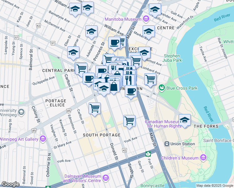 map of restaurants, bars, coffee shops, grocery stores, and more near 231 Portage Avenue in Winnipeg