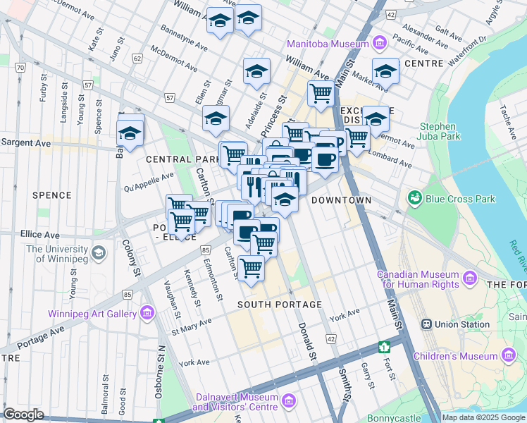 map of restaurants, bars, coffee shops, grocery stores, and more near 287 Portage Avenue in Winnipeg