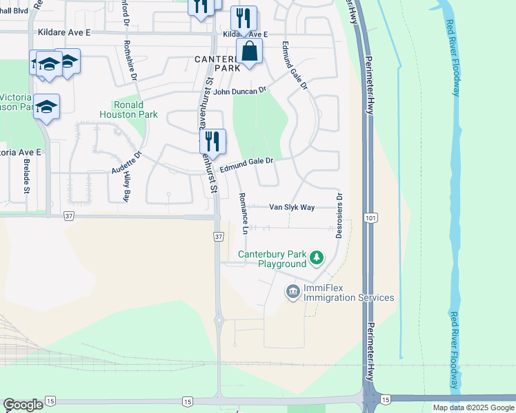 map of restaurants, bars, coffee shops, grocery stores, and more near 27 Van Slyk Way in Winnipeg
