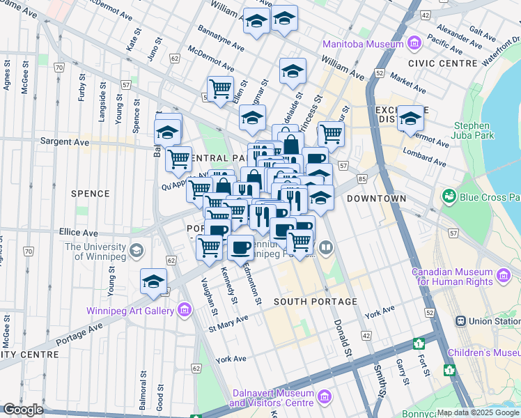 map of restaurants, bars, coffee shops, grocery stores, and more near 329 Hargrave Street in Winnipeg