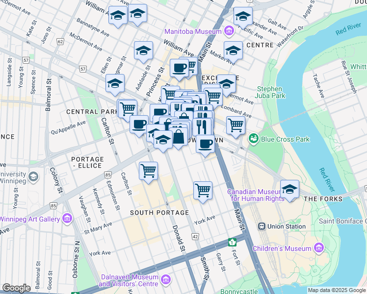 map of restaurants, bars, coffee shops, grocery stores, and more near 231 Portage Avenue in Winnipeg