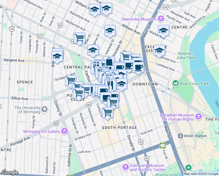 map of restaurants, bars, coffee shops, grocery stores, and more near 320 Donald Street in Winnipeg