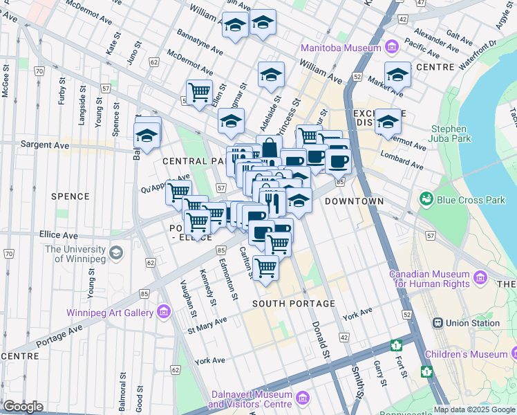 map of restaurants, bars, coffee shops, grocery stores, and more near 320 Donald Street in Winnipeg