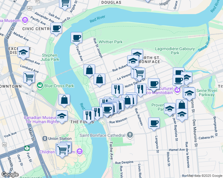 map of restaurants, bars, coffee shops, grocery stores, and more near 738 Rue Saint Joseph in Winnipeg