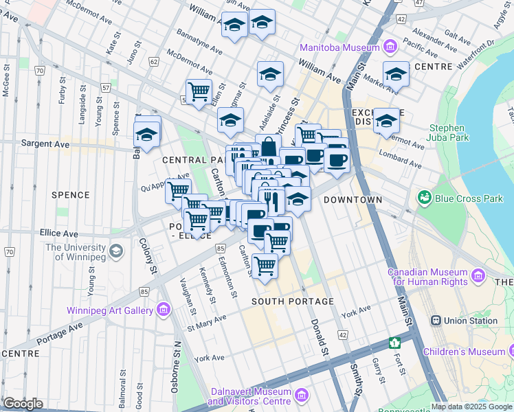 map of restaurants, bars, coffee shops, grocery stores, and more near 311 Hargrave Street in Winnipeg