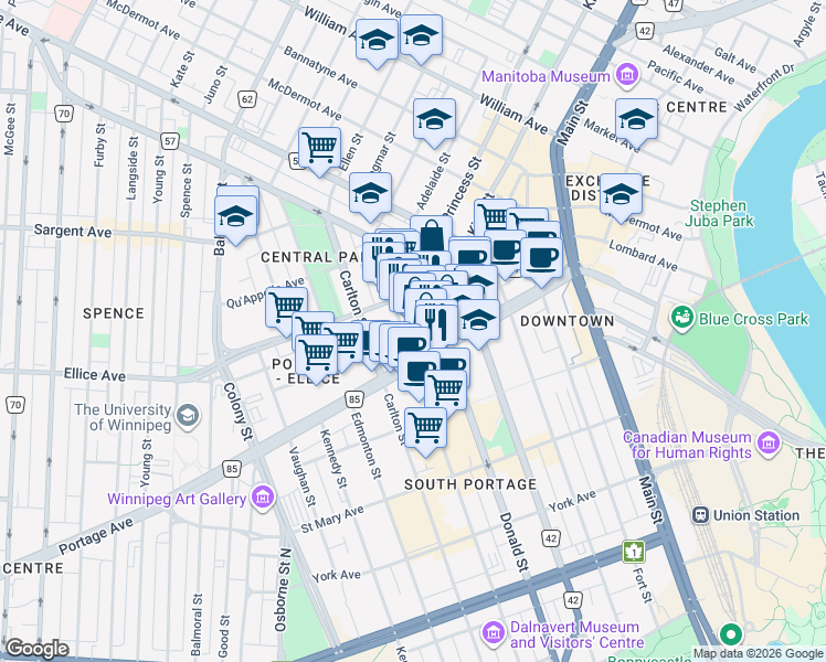 map of restaurants, bars, coffee shops, grocery stores, and more near 311 Hargrave Street in Winnipeg