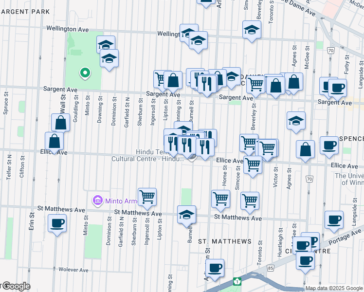 map of restaurants, bars, coffee shops, grocery stores, and more near 661 Banning Street in Winnipeg