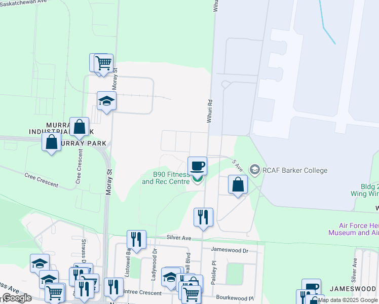 map of restaurants, bars, coffee shops, grocery stores, and more near Sabre Crescent in Winnipeg