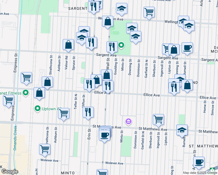 map of restaurants, bars, coffee shops, grocery stores, and more near 931 Wall Street in Winnipeg
