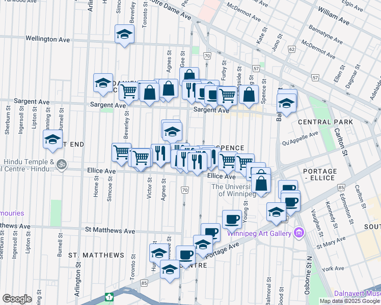 map of restaurants, bars, coffee shops, grocery stores, and more near 507 Maryland Street in Winnipeg