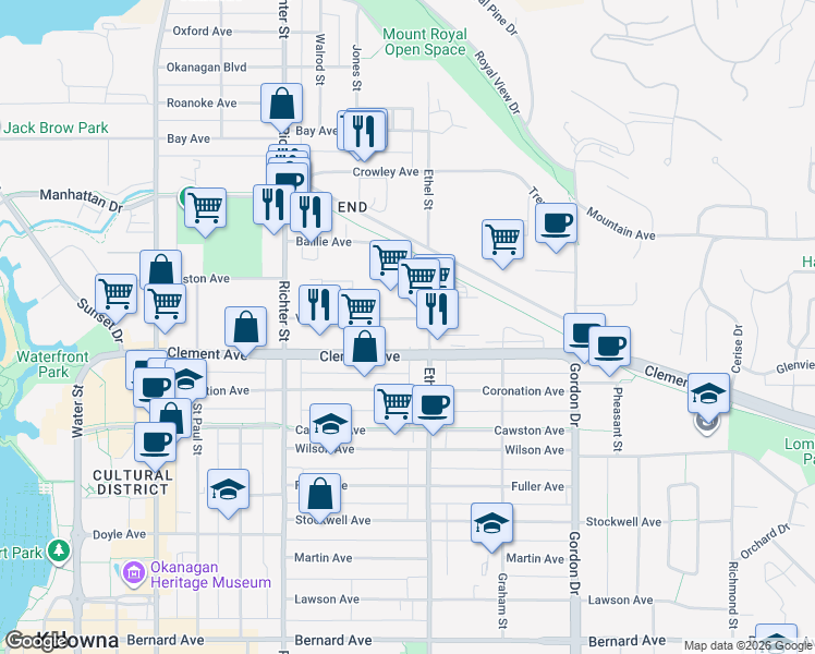 map of restaurants, bars, coffee shops, grocery stores, and more near 890 Vaughan Avenue in Kelowna