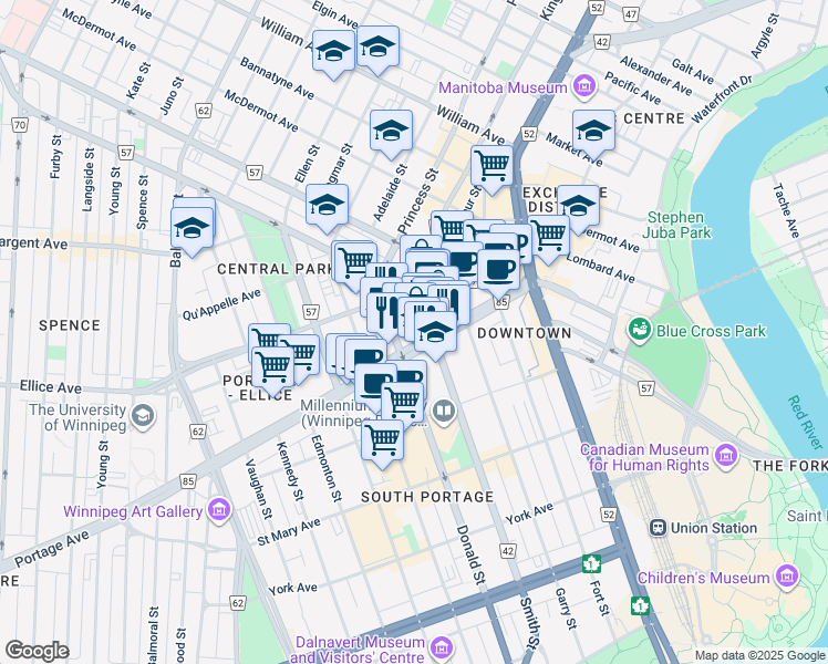 map of restaurants, bars, coffee shops, grocery stores, and more near 287 Portage Avenue in Winnipeg