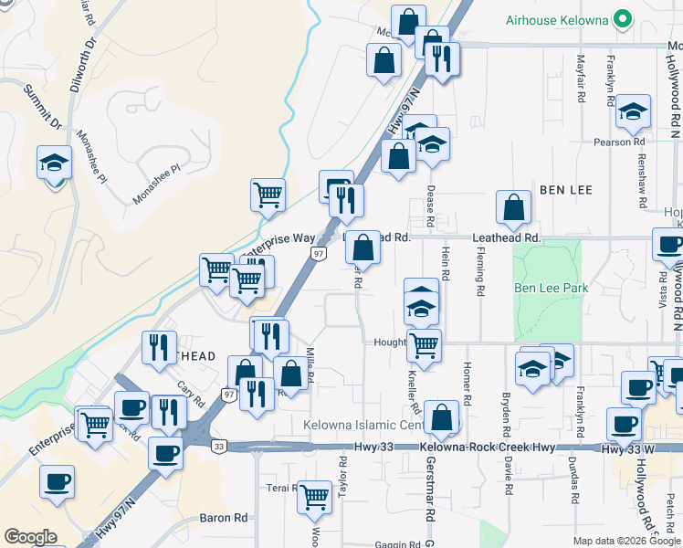 map of restaurants, bars, coffee shops, grocery stores, and more near in Kelowna
