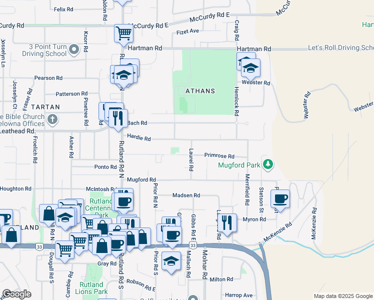 map of restaurants, bars, coffee shops, grocery stores, and more near 325 Hardie Road in Kelowna
