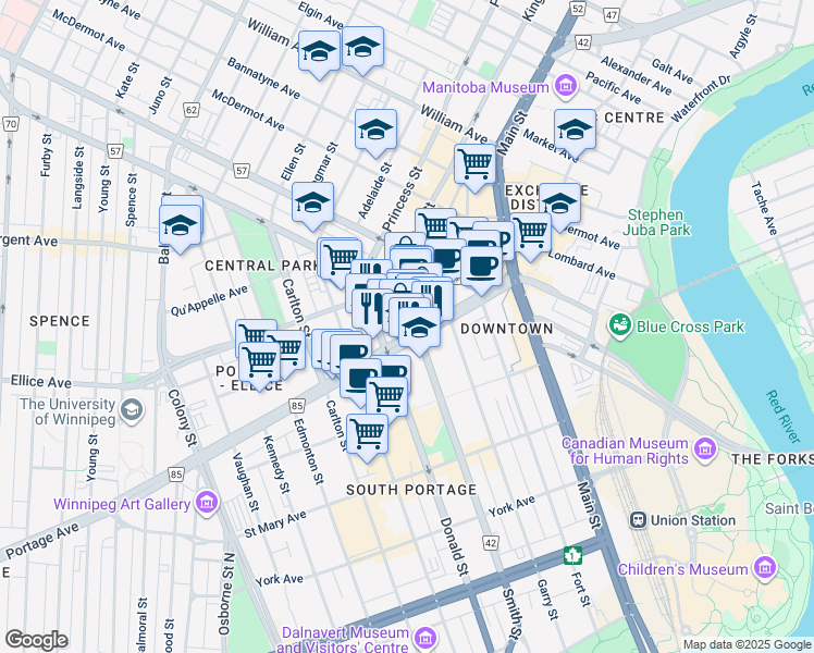 map of restaurants, bars, coffee shops, grocery stores, and more near 287 Portage Avenue in Winnipeg