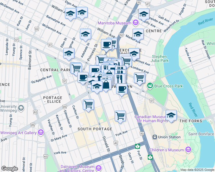 map of restaurants, bars, coffee shops, grocery stores, and more near 231 Portage Avenue in Winnipeg