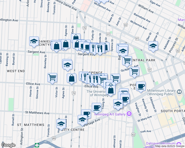 map of restaurants, bars, coffee shops, grocery stores, and more near 523 Furby Street in Winnipeg