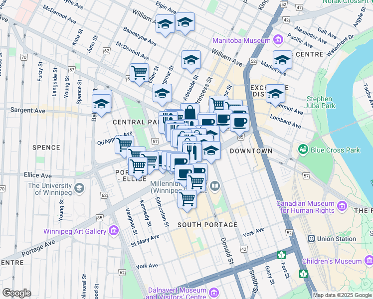 map of restaurants, bars, coffee shops, grocery stores, and more near 320 Donald Street in Winnipeg