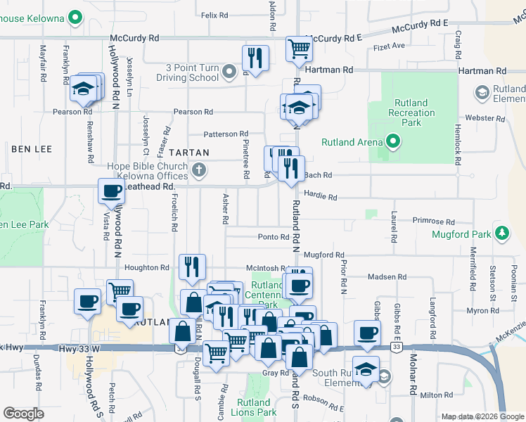 map of restaurants, bars, coffee shops, grocery stores, and more near 490 Donhauser Road in Kelowna