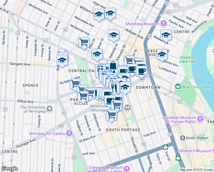 map of restaurants, bars, coffee shops, grocery stores, and more near 329 Hargrave Street in Winnipeg