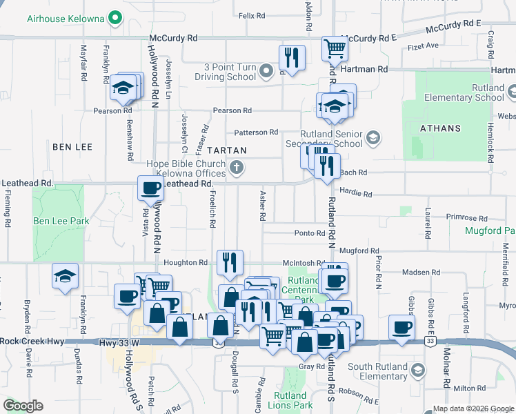map of restaurants, bars, coffee shops, grocery stores, and more near in Kelowna