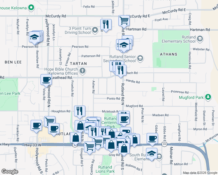 map of restaurants, bars, coffee shops, grocery stores, and more near 490 Donhauser Road in Kelowna