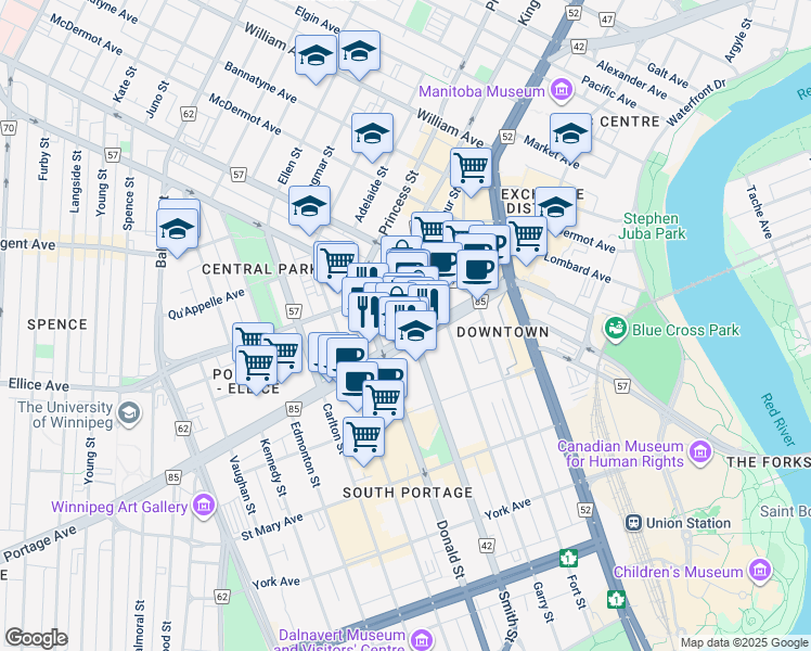 map of restaurants, bars, coffee shops, grocery stores, and more near 283 Portage Avenue in Winnipeg