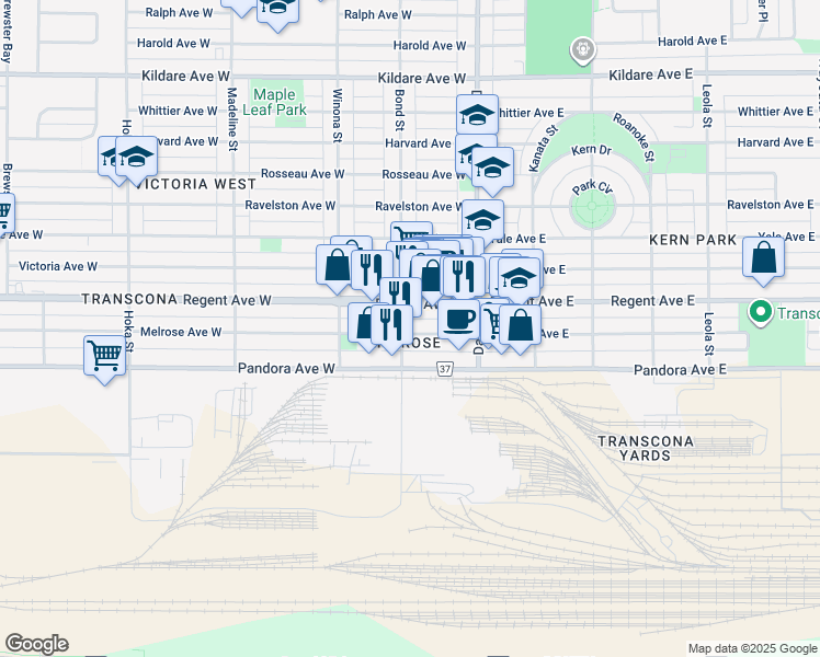 map of restaurants, bars, coffee shops, grocery stores, and more near 202 Bond Street in Winnipeg