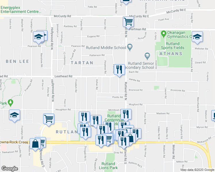 map of restaurants, bars, coffee shops, grocery stores, and more near 490 Donhauser Road in Kelowna