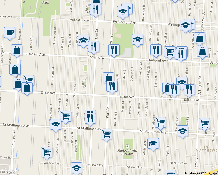 map of restaurants, bars, coffee shops, grocery stores, and more near 931 Wall St in Winnipeg