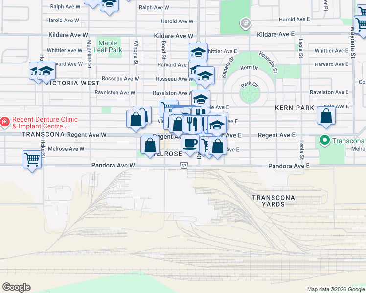 map of restaurants, bars, coffee shops, grocery stores, and more near 117 Melrose Avenue West in Winnipeg