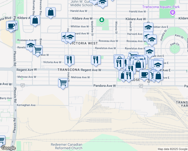 map of restaurants, bars, coffee shops, grocery stores, and more near 365 Melrose Avenue West in Winnipeg