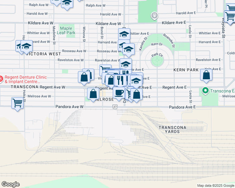 map of restaurants, bars, coffee shops, grocery stores, and more near 111 Melrose Avenue West in Winnipeg