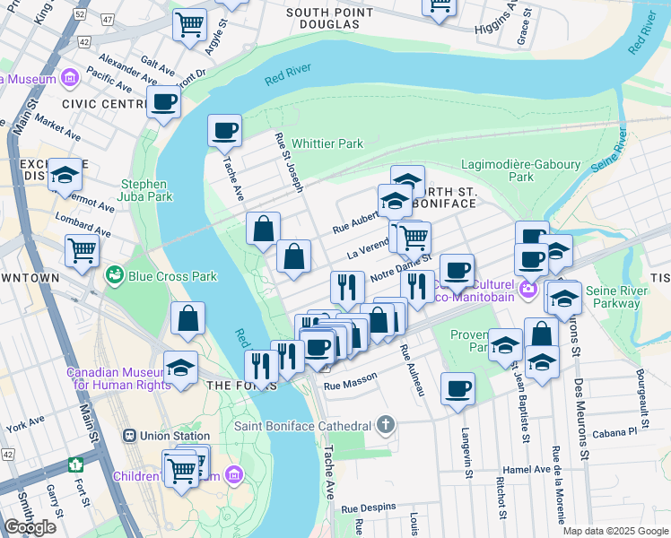 map of restaurants, bars, coffee shops, grocery stores, and more near 738 Rue Saint Joseph in Winnipeg