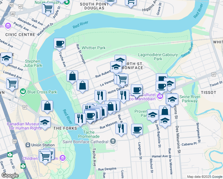 map of restaurants, bars, coffee shops, grocery stores, and more near 217 Notre Dame Street in Winnipeg