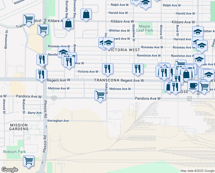 map of restaurants, bars, coffee shops, grocery stores, and more near 200 Hoka Street in Winnipeg