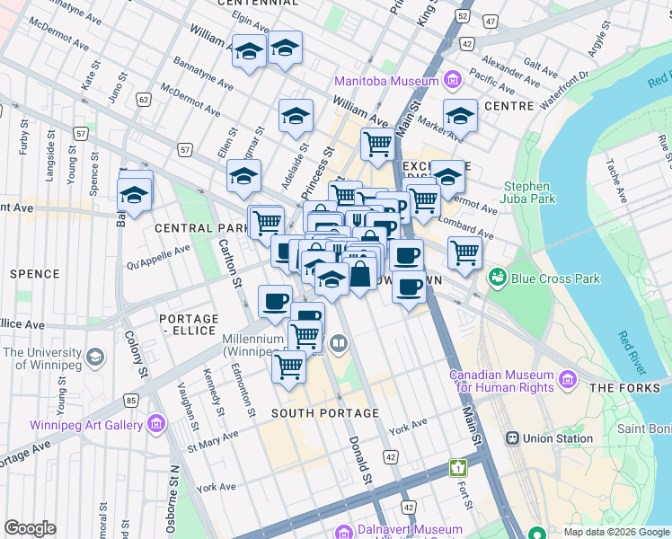 map of restaurants, bars, coffee shops, grocery stores, and more near 265 Portage Avenue in Winnipeg