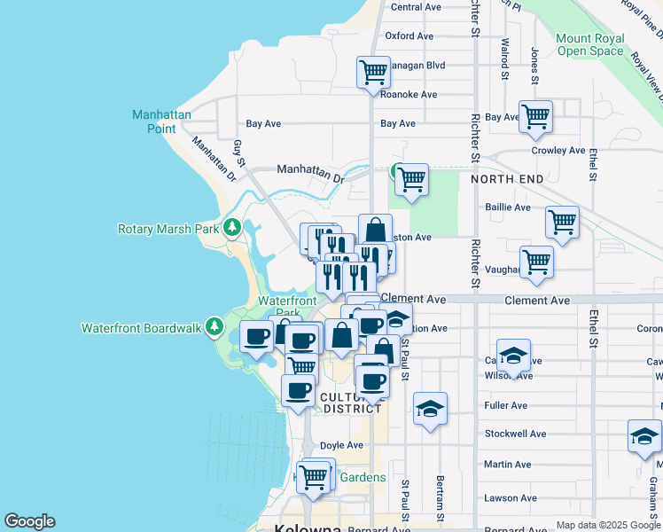 map of restaurants, bars, coffee shops, grocery stores, and more near in Kelowna