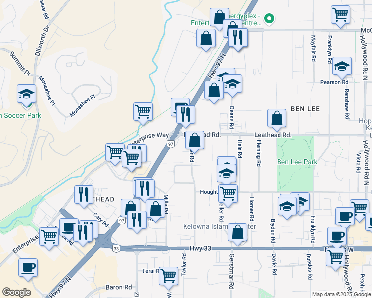 map of restaurants, bars, coffee shops, grocery stores, and more near 500 Lester Road in Kelowna
