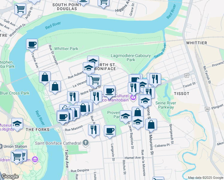 map of restaurants, bars, coffee shops, grocery stores, and more near 287 Dumoulin Street in Winnipeg