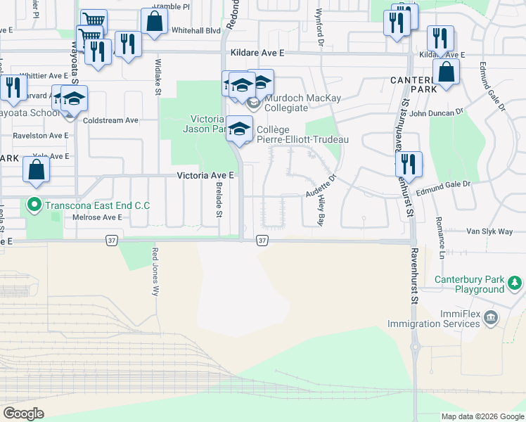 map of restaurants, bars, coffee shops, grocery stores, and more near Harlow Bay in Winnipeg