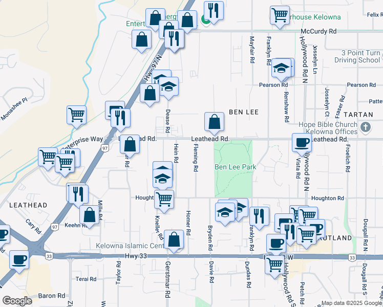 map of restaurants, bars, coffee shops, grocery stores, and more near 500 Fleming Road in Kelowna