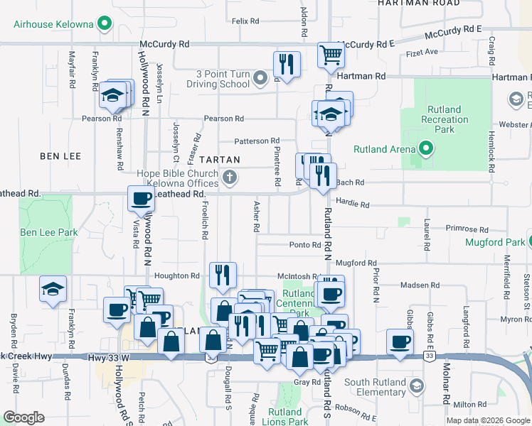 map of restaurants, bars, coffee shops, grocery stores, and more near in Kelowna